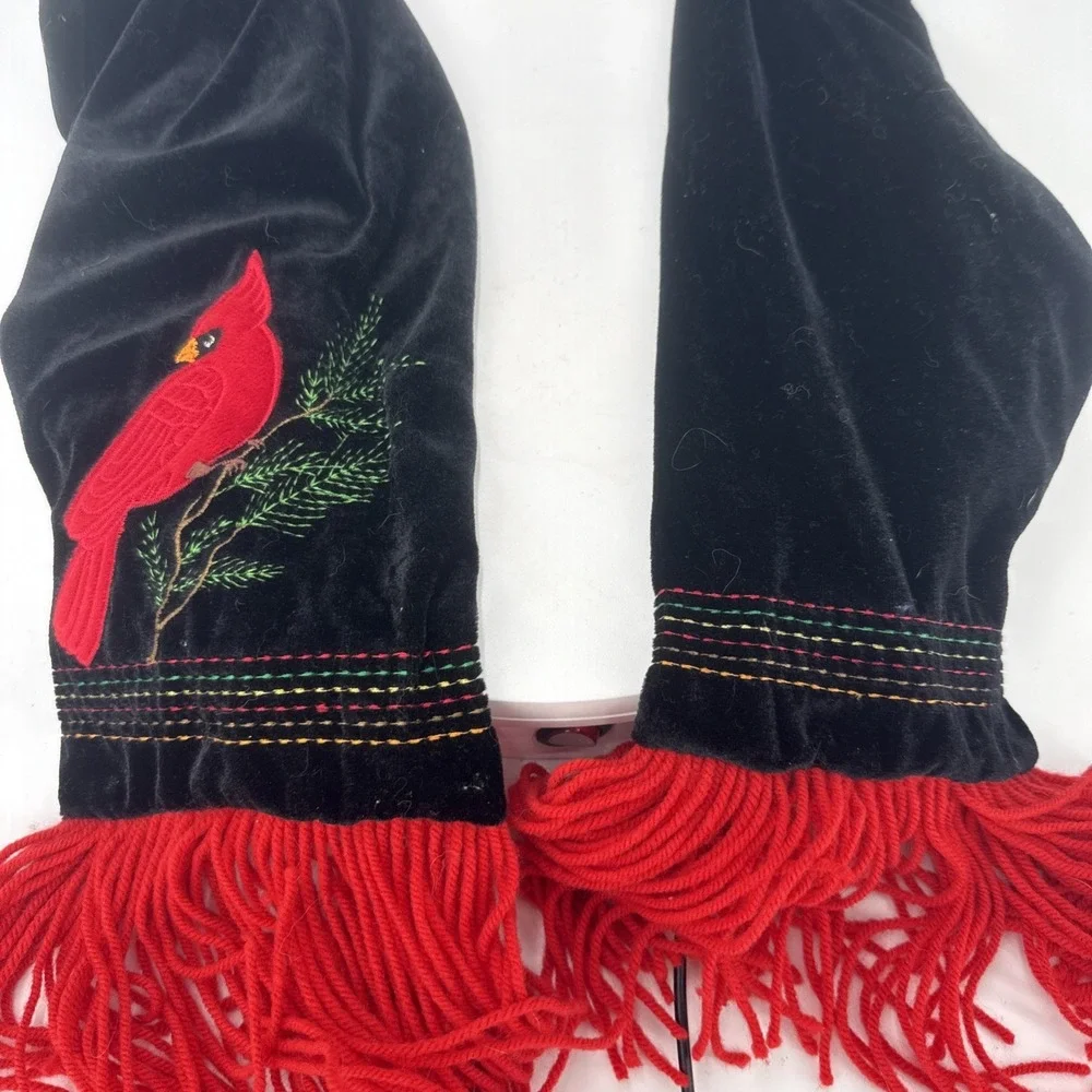 Black Velvet Embroidered Scarf W/ Cardinal Bird & Pond Branch &‎ Red Fringe
